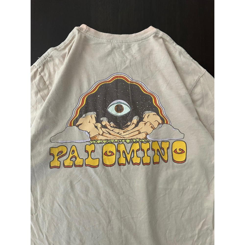 Palomino Festival Graphic T-Shirt Mens Small Cream Psychedelic Eye Back Print